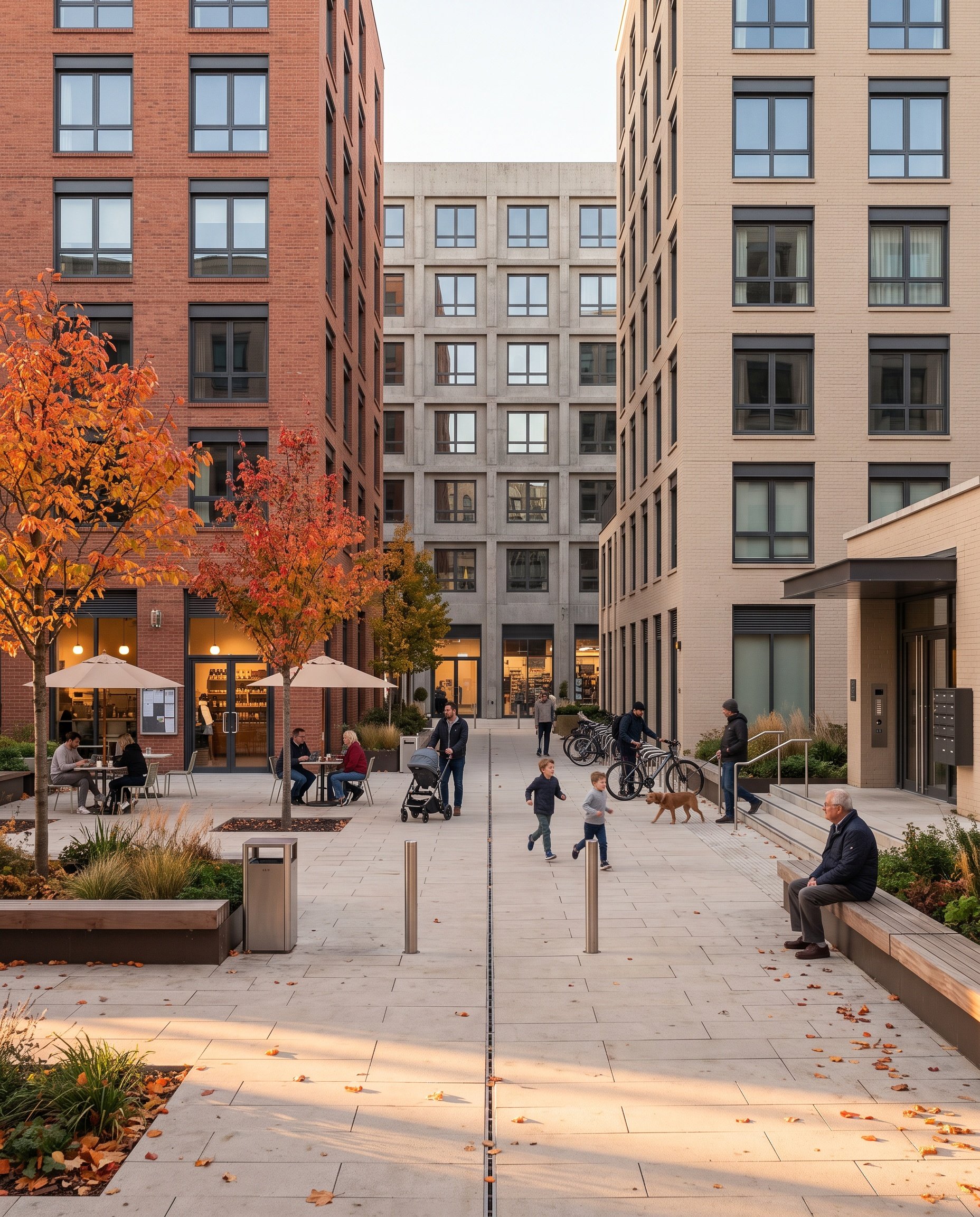 Concept visualization of permanently affordable homes on a perimeter parcel, with planted courts and shared open space.