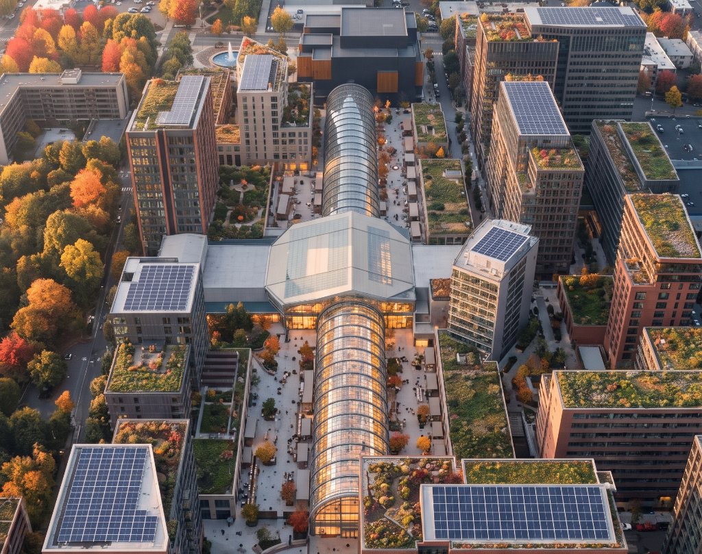 Aerial of the district at golden hour: the long vaulted galleria at the center, ringed by courtyard blocks with planted roofs and mature trees.