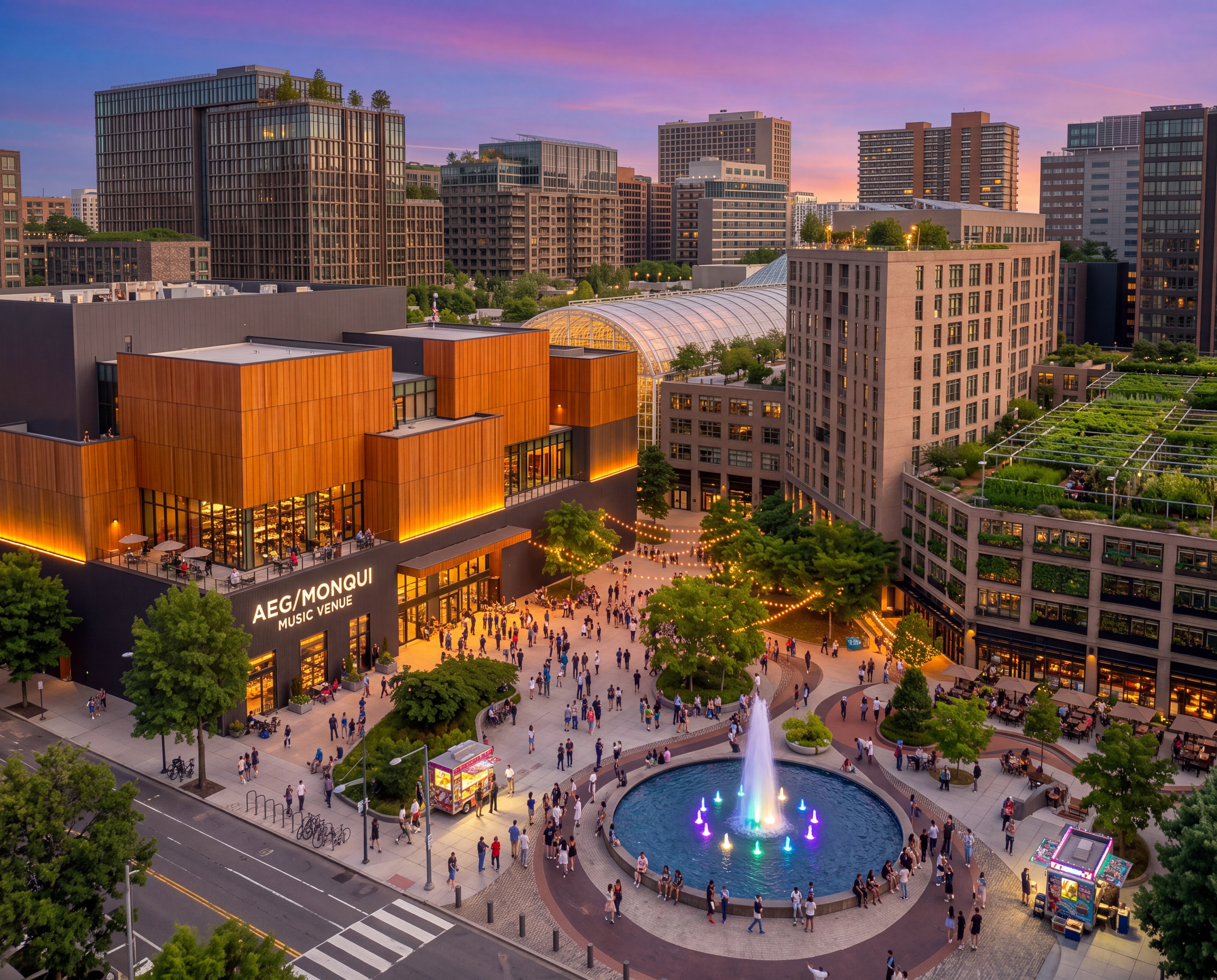 Dusk concept of a timber music venue and a glass-vaulted galleria around a crowded plaza, with a lit fountain, string lights, and city towers.